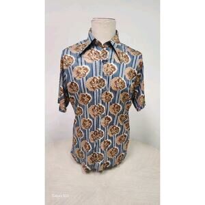 Vtg 70s Men Short Sleeve Button Down Shirt Blue Stripes & Brown Flowers Hawaiian